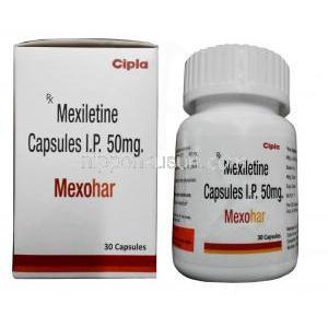 Mexohar, Mexiletine 50mg, 30 capsules, Cipla, Box, Bottle front view