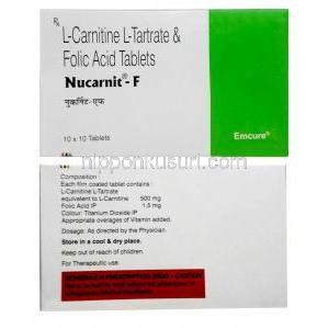 ヌカルニット F,葉酸 1.5 mg/ レボカルニチン 500 mg, 製造元：Emcure Pharmaceuticals, 箱表面, 箱裏面