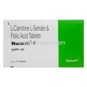 ヌカルニット F,葉酸 1.5 mg/ レボカルニチン 500 mg, 製造元：Emcure Pharmaceuticals, 箱表面