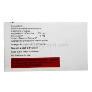 ヌカルニット F,葉酸 1.5 mg/ レボカルニチン 500 mg, 製造元：Emcure Pharmaceuticals, 箱情報