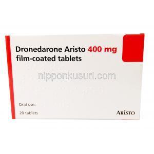 ドロネダロン アリスト400mg, ドロネダロン400mg, 20錠入り, 製造元：Aristo Pharma,箱表面