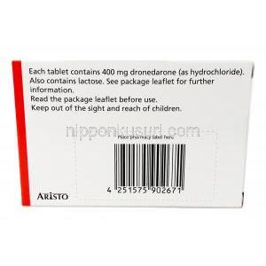 ドロネダロン アリスト400mg, ドロネダロン400mg, 20錠入り, 製造元：Aristo Pharma,箱裏面