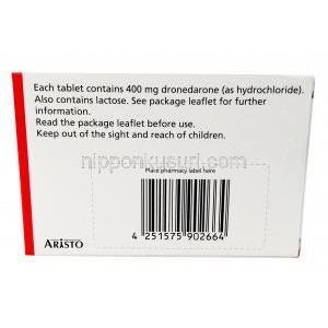 ドロネダロン アリスト400mg, ドロネダロン400mg, 20錠入り, 製造元：Aristo Pharma,箱裏面