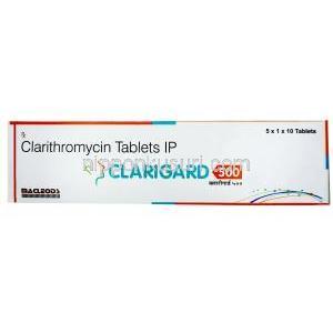 クラリガード,  クラリスロマイシン 500 mg, 製造元：Macleods Pharmaceuticals, 箱表面