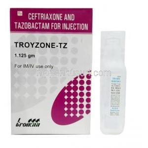 Troyzone TZ Injection,Ceftriaxone 1000 mg / Tazobactum 125 mg,Injection, Troikaa Pharmaceuticals Ltd, Box front view