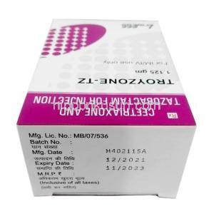 Troyzone TZ Injection,Ceftriaxone 1000 mg/ Tazobactum 125 mg,Injection, Troikaa Pharmaceuticals Ltd, Box top view