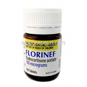 フロリネフ Florinef, フルドロコルチゾン 0.1mg , 100錠（ボトル入り）,製造元： Aspen Pharma,ボトル表面