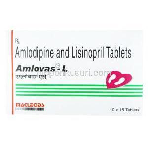 アムロバス L, アムロジピン 5mg/ リシノプリル 5mg, 製造元：Macleods Pharmaceuticals, 箱表面