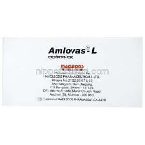 アムロバス L, アムロジピン 5mg/ リシノプリル 5mg, 製造元：Macleods Pharmaceuticals, 箱横面