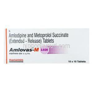 アムロバス M, アムロジピン 5mg/ コハク酸メトプロロール 25mg , 製造元：Macleods Pharmaceuticals,箱表面