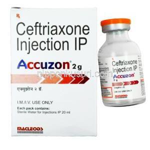 Accuzon Injection, Ceftriaxone 2g, Macleods Pharmaceuticals Pvt Ltd, box and vial front presentation