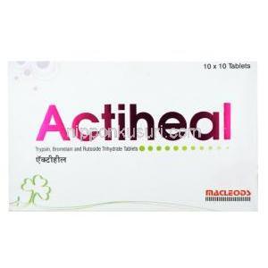 アクティヒール,ブロメライン 90 mg/トリプシン 48 mg/ルトシド 100 mg, 製造元：Macleods Pharmaceuticals Pvt Ltd, 箱表面