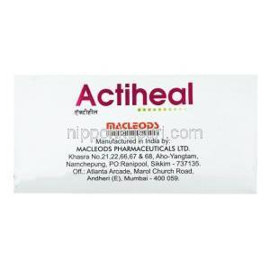 アクティヒール,ブロメライン 90 mg/トリプシン 48 mg/ルトシド 100 mg, 製造元：Macleods Pharmaceuticals Pvt Ltd, 箱側面