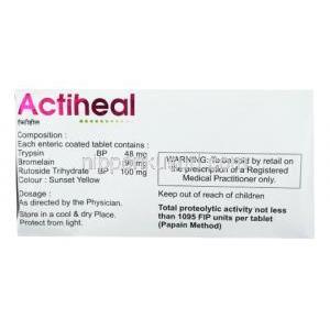 アクティヒール,ブロメライン 90 mg/トリプシン 48 mg/ルトシド 100 mg, 製造元：Macleods Pharmaceuticals Pvt Ltd, 箱裏面
