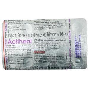 アクティヒール,ブロメライン 90 mg/トリプシン 48 mg/ルトシド 100 mg, 製造元：Macleods Pharmaceuticals Pvt Ltd, シート裏面