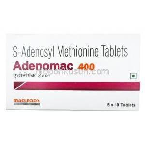 アデノマック ,S‐アデノシルメチオニン 400mg 錠剤, 製造元： Macleods Pharmaceuticals Pvt Ltd, 箱表面