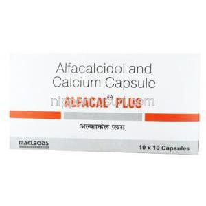 アルファカルプラス , アルファカルシドール 0.25mcg/ カルシウム 200mg, カプセル, 製造元：Macleods Pharmaceuticals Pvt Ltd, 箱表面