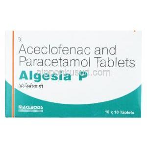 アルゲシア P, アセクロフェナク 100mg/ アセトアミノフェン 325mg, 製造元：Macleods Pharmaceuticals Pvt Ltd, 箱表面