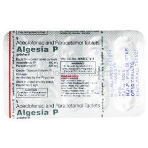 アルゲシア P, アセクロフェナク 100mg/ アセトアミノフェン 325mg, 製造元：Macleods Pharmaceuticals Pvt Ltd, シート裏面情報