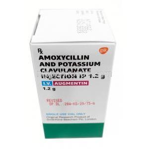 オーグメンチン 静脈注射,  アモキシシリン 1g/ クラブラン酸カリウム 200mg, バイアル, 製造元：GSK, 箱側面