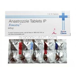 フェミストラ, アナストロゾール 1 mg, 製造元：Zuventus Healthcare, 箱,シート