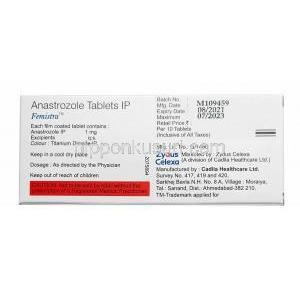 フェミストラ, アナストロゾール 1 mg, 製造元：Zuventus Healthcare, 箱情報
