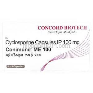 コニミューン ME,シクロスポリン 100mg, 製造元：Concord Biotech Ltd, 箱表面