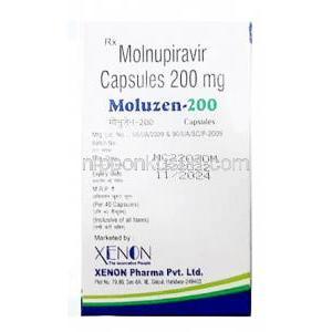 モルゼン,モルヌピラビル200 mg, 40カプセル, 製造元：Xenon Pharmaceuticals, 箱情報, 製造日, 消費期限