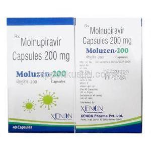 モルゼン,モルヌピラビル200 mg, 40カプセル, 製造元：Xenon Pharmaceuticals, 箱表面, 箱裏面