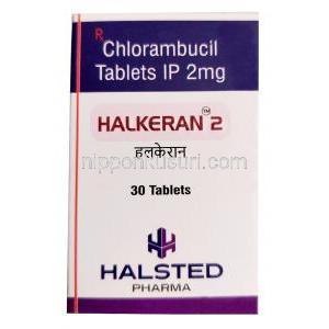 ハルケラン 2,クロラムブシル 2mg, 30錠, 製造元：Halsted Pharma, 箱表面, 箱裏面