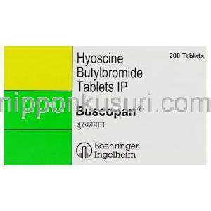 臭化ブチルヒオスシン（パミン ジェネリック）, バスコパン Buscopan 10mg 錠 (Boehringer Ingelheim) 箱