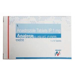 アナテロ, アナストロゾール 1mg, 製造元：Hetero Drugs Ltd, 箱表面