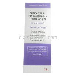 ヒューマトロープ注射,ソマトロピン 36IU (12mg),注射バイアル, 製造元：Eli Lilly India,箱表面