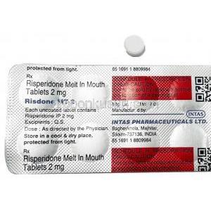 リスドン MT, リスペリドン 2 mg, 口腔内崩壊錠, 製造元： Intas Pharma, シート, 錠剤（白色）