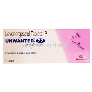 アンウォンテッド 72, レボノルゲストレル 1.5 mg, 1錠, 製造元：Mankind Pharma, 箱表面