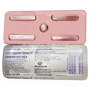 アンウォンテッド 72, レボノルゲストレル 1.5 mg, 1錠, 製造元：Mankind Pharma,シート表面, シート裏面