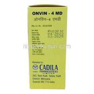 オンビン MD, オンダンセトロン 4 mg, 製造元：Cadila Pharma, 箱情報, 製造日, 消費期限