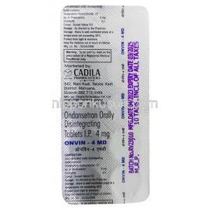 オンビン MD, オンダンセトロン 4 mg, 製造元：Cadila Pharma, シート情報