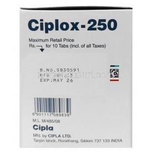 シプロックス, シプロフロキサシン 250 mg, 製造元：Cipla, 箱情報,製造日, 消費期限