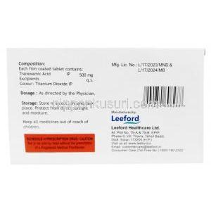 レドトレックス, トラネキサム酸 500 mg, 製造元：Leeford Healthcare Ltd, 箱情報, 成分, 保管方法