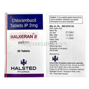 ハルケラン 2,クロラムブシル 2mg, 30錠, 製造元：Halsted Pharma, 箱表面, 箱裏面