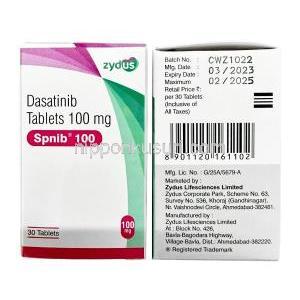 スプニブ,ダサチニブ 70 mg, 60 錠, 製造元：Zydus Oncosciences,箱表面, 箱情報