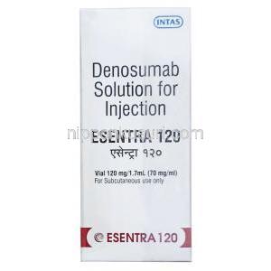 エセントラ注射, デノスマブ 120mg,注射バイアル 1.7mL, 製造元：Intas Pharma, 箱表面