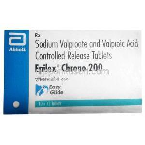 エピレックス クロノ 200, バルプロ酸ナトリウム 135 mg/ バルプロ酸 58 mg,15錠,製造元：Abbott, 箱表面