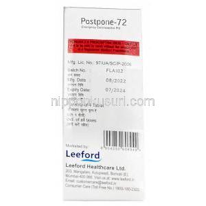 ポストポーン 72, レボノルゲストレル 1.5mg, 1錠, 製造元：Leeford healthcare, 箱情報