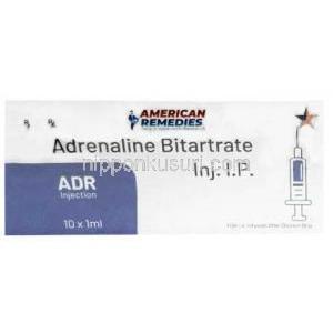ADR 注射,  アドレナリン 1mg, 1mL X 10本, 製造元：American Remedies, 箱表面