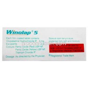 ウィノラップ 5, オロパタジン 5mg, 製造元：Sun Pharma, 箱情報, 注意事項