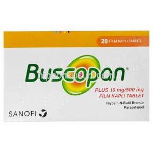 ブスコパンプラス, ブチルスコポラミン 10mg/ アセトアミノフェン 500mg, 製造元：Sanofi, 箱表面