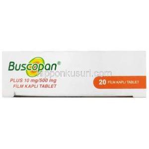 ブスコパンプラス, ブチルスコポラミン 10mg/ アセトアミノフェン 500mg, 製造元：Sanofi, 箱上面