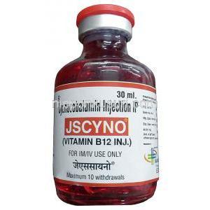 ジェイエスシノ注射,シアノコバラミン 500mg, 注射バイアル 30mL, 製造元：Mandhana Pharmaceuticals, ボトル表面